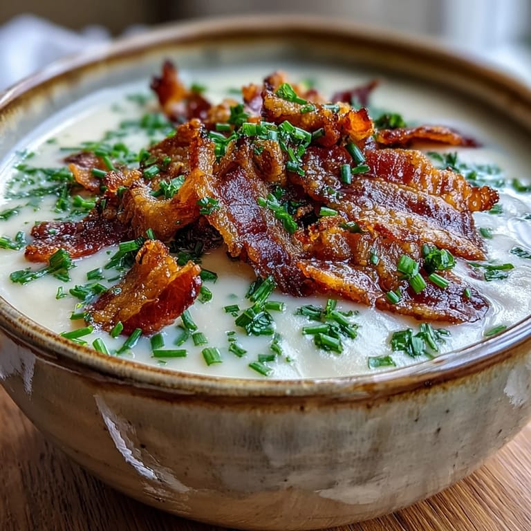 Velvety Celeriac Soup with Crispy Bacon garnished with chives, served alongside a glass of dry white wine and crusty bread.