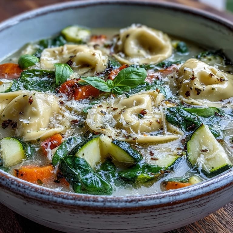 Top-down view of Creamy Vegetable Tortellini Soup with spinach, carrots, and cheese tortellini in a rustic pot.