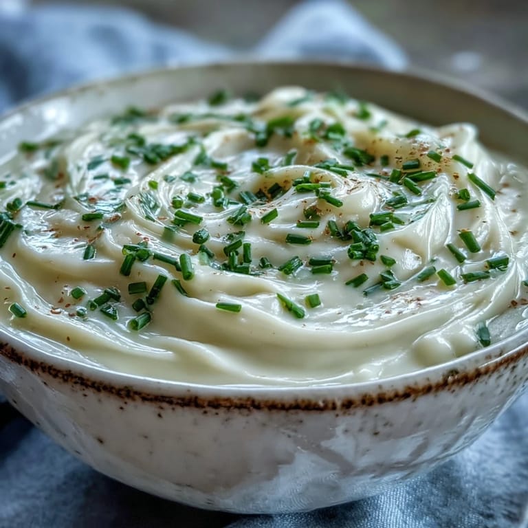 Brightly lit bowl of Creamy Celery Root Bisque, showing its smooth, pale interior and a drizzle of fresh cream.