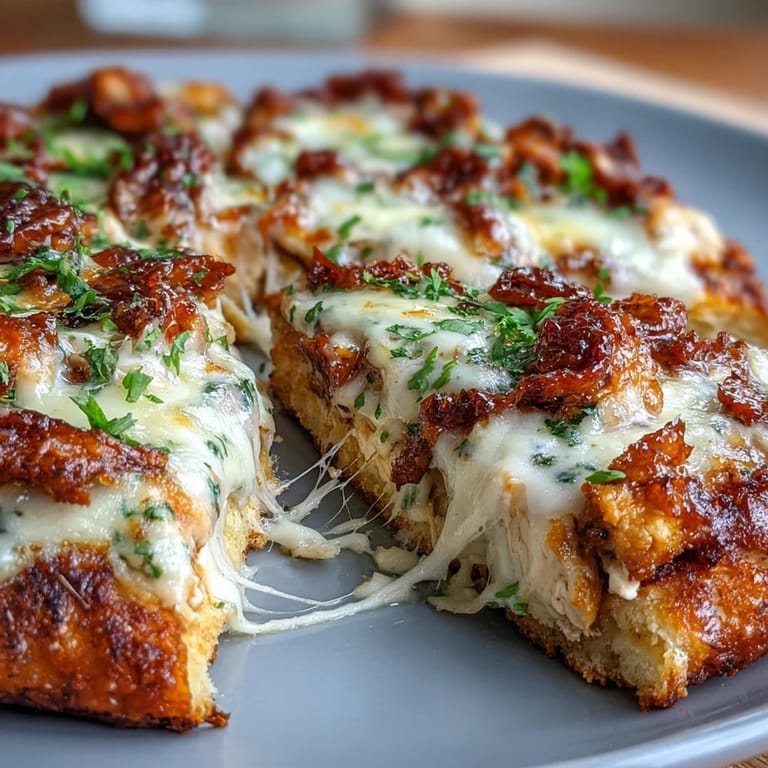 Fresh basil garnishes a slice of Marry Me Chicken Pizza, highlighting the creamy, savory Italian-American flavors.