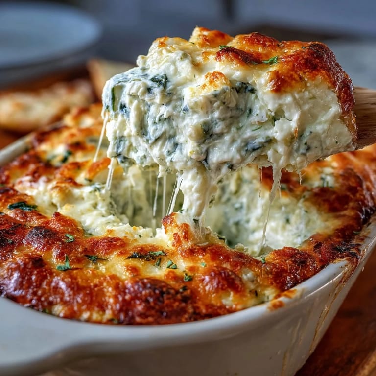 Fresh spinach and chopped artichokes blend into a savory, cheesy dip, perfect for game day snacking.  