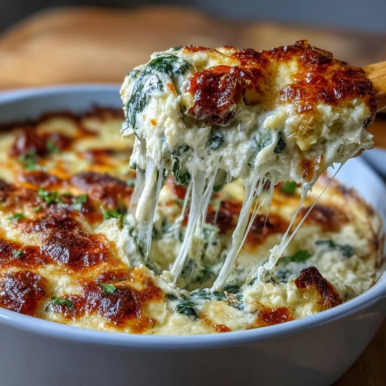 Golden-brown spinach artichoke dip bubbling from the oven, paired with sliced baguette for a party appetizer.