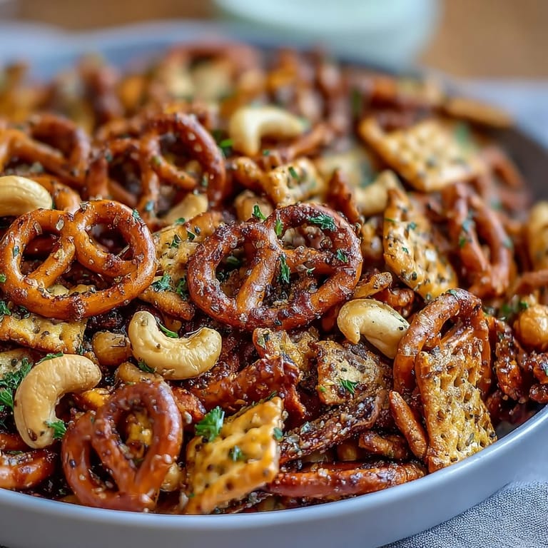 Freshly baked Everything Ranch Cheese and Pretzel Snack Mix in a white serving bowl, topped with extra everything bagel seasoning, ideal for game day parties.