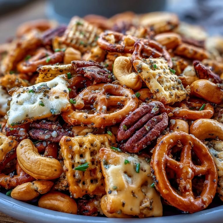 Close-up of Everything Ranch Cheese and Pretzel Snack Mix, highlighting glistening butter-coated pretzels, cheddar crackers, and rye chips, ready to serve as a savory snack.
