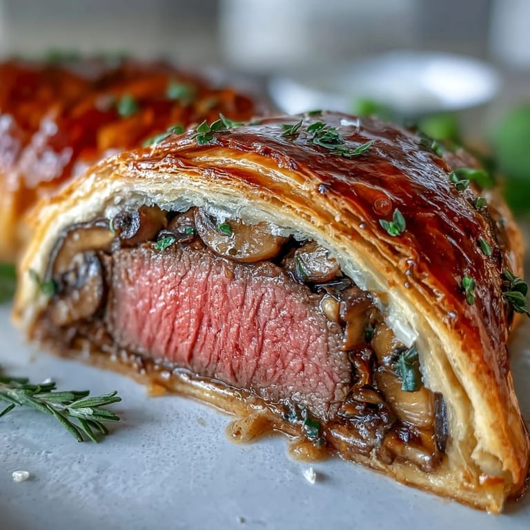 A sliced piece of Beef Wellington with a side of red wine reduction sauce, perfect for a holiday dinner.