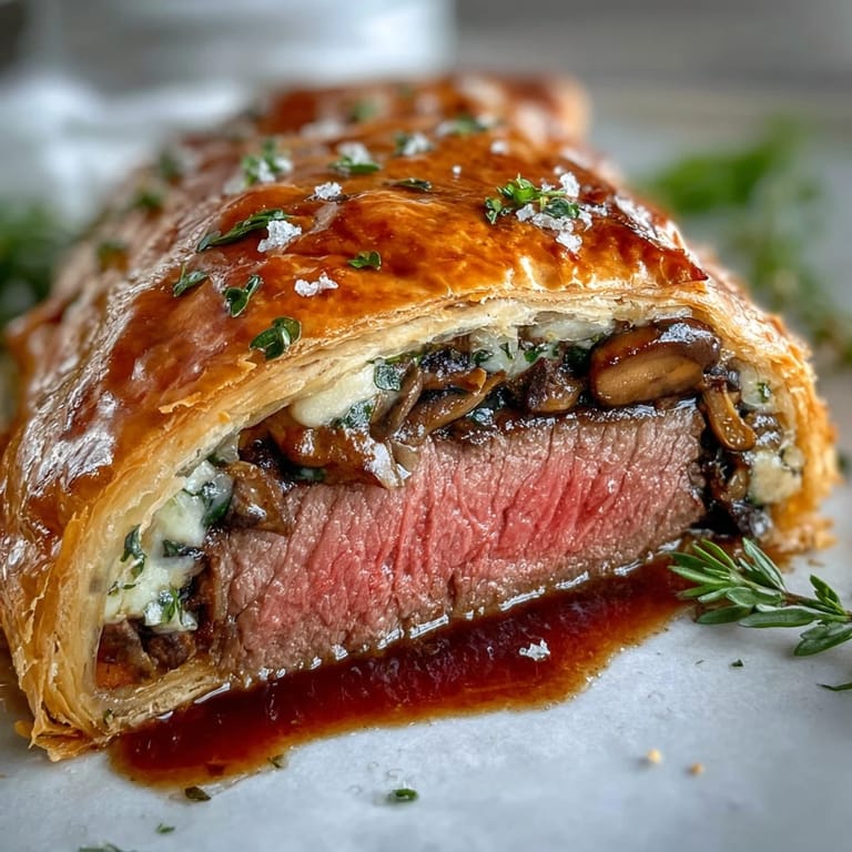 Golden puff pastry-wrapped Beef Wellington, brushed with egg wash, ready to be served for a special occasion meal.