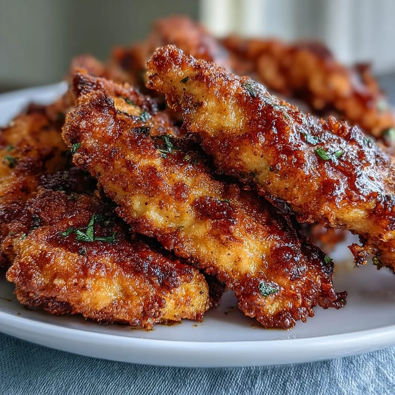 Golden Crispy Turmeric Chicken Tenders stacked on parchment, garnished with flaky salt and herbs, perfect for party appetizers or weeknight dinners.