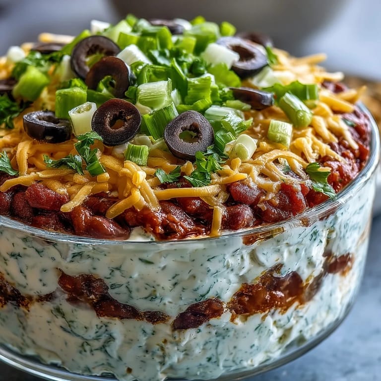 Close-up of a 4-Way Layered Dip showing distinct layers and diced tomatoes, paired with crunchy tortilla chips.
