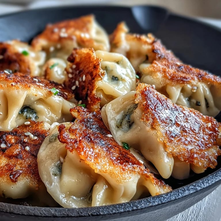 A close-up view shows perfectly pleated Smash Dumplings with golden, crunchy edges and a tender, flavorful meat center.