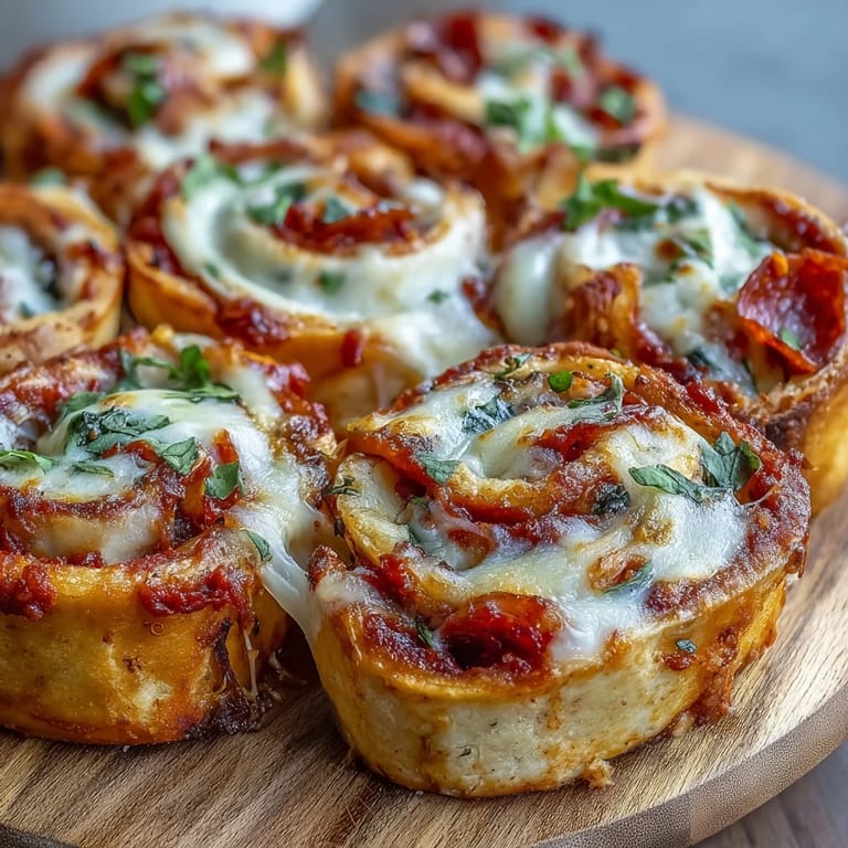 Freshly sliced Tortilla Pizza Rolls show a tight spiral of zesty tomato sauce and black olives.