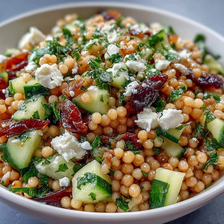 Close-up Mediterranean Pearl Couscous with cherry tomatoes and red onion, a colorful, vegetarian lunch idea.