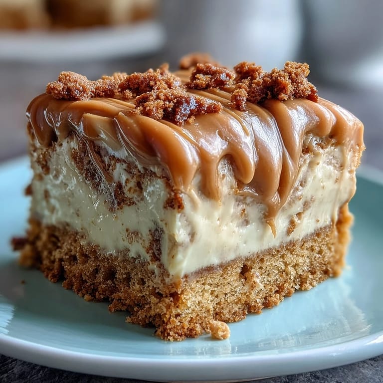 Sliced Decadent Baked Biscoff Cake with Creamy Lotus Frosting, revealing layers of vanilla sponge and spiced cookie pieces on a white platter.