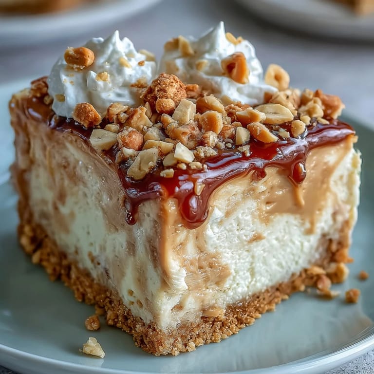 A smooth slice of Nutter Butter Cheesecake on a plate, garnished with chopped peanuts and extra cookie crumbles.
