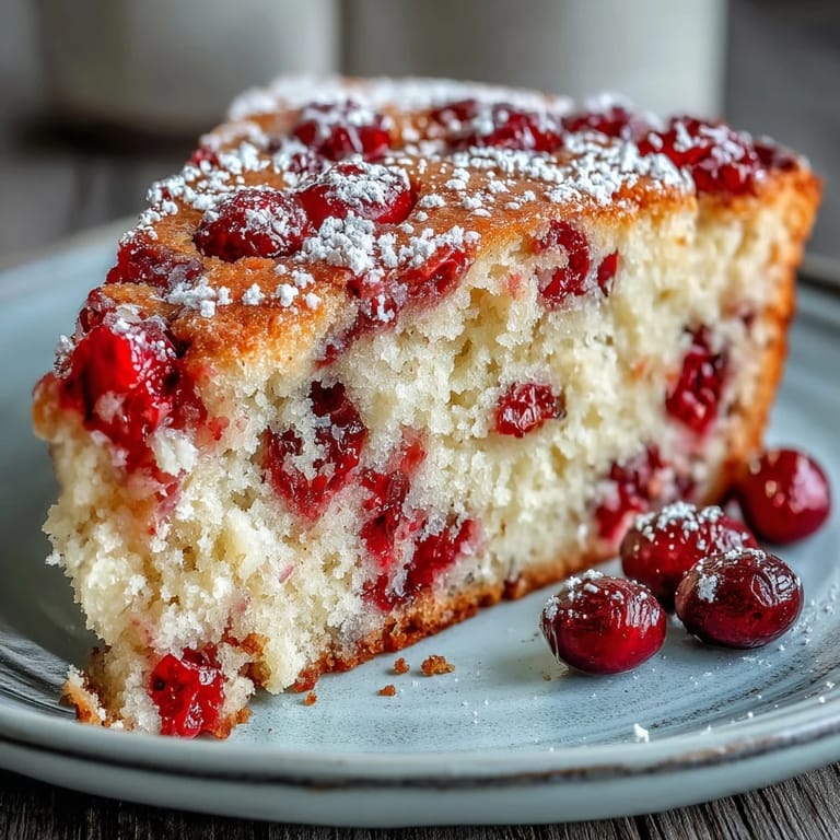 Homemade Cranberry Orange Breakfast Cake with a tender crumb, vibrant orange zest, and tart cranberries cut to reveal texture.