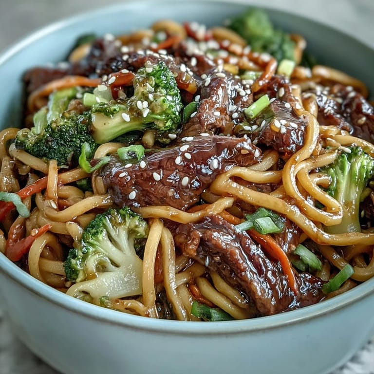 Tender beef and crisp vegetables are tossed in a glossy sauce with rice noodles.
