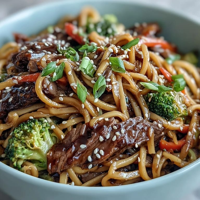 A close-up of a savory Korean Beef Noodles bowl garnished with green onions and sesame seeds.