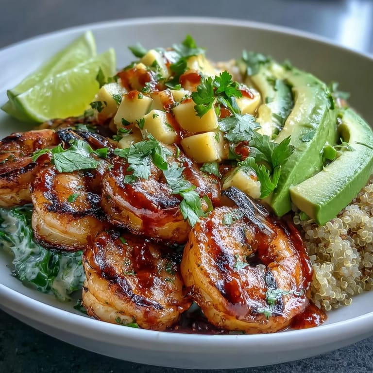 A close-up of Fresh Shrimp and Creamy Avocado Bowls highlights juicy shrimp and a drizzle of lime chili sauce over ripe avocado and nutty quinoa.