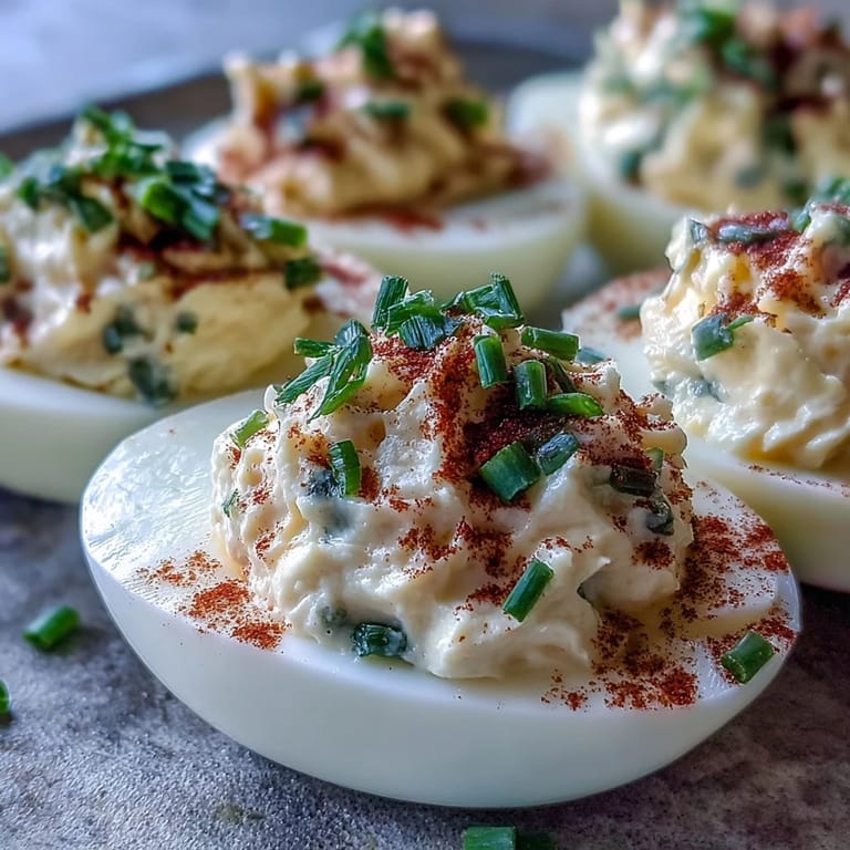 Close-up of Million Dollar Deviled Eggs with piped filling, paprika dusting, and fresh chive garnish.