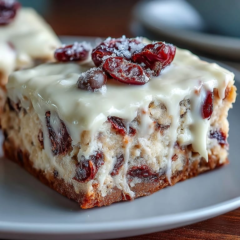 Overhead view of frosted Cranberry Bliss Bars, dotted with tart cranberries and a delicate white chocolate drizzle for sweetness.