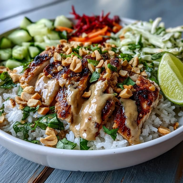 A colorful serving of the Coconut Rice Peanut Bowl with chopped peanuts and lime wedges for garnish.