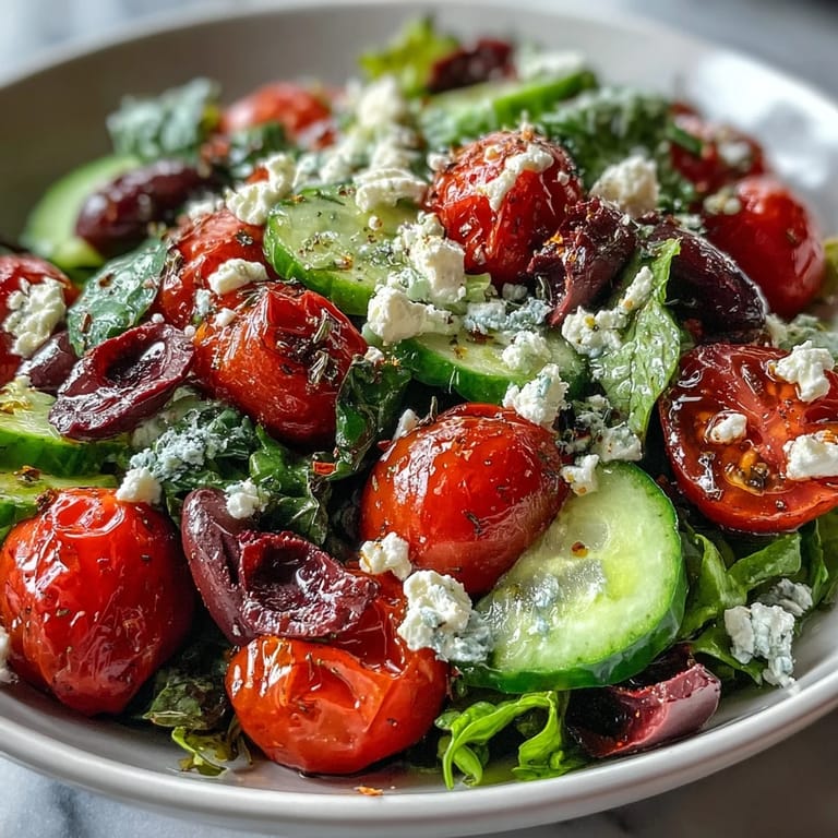 A vibrant Mediterranean green salad bowl with crunchy veggies, briny olives, and creamy feta, dressed in tangy Greek vinaigrette.  