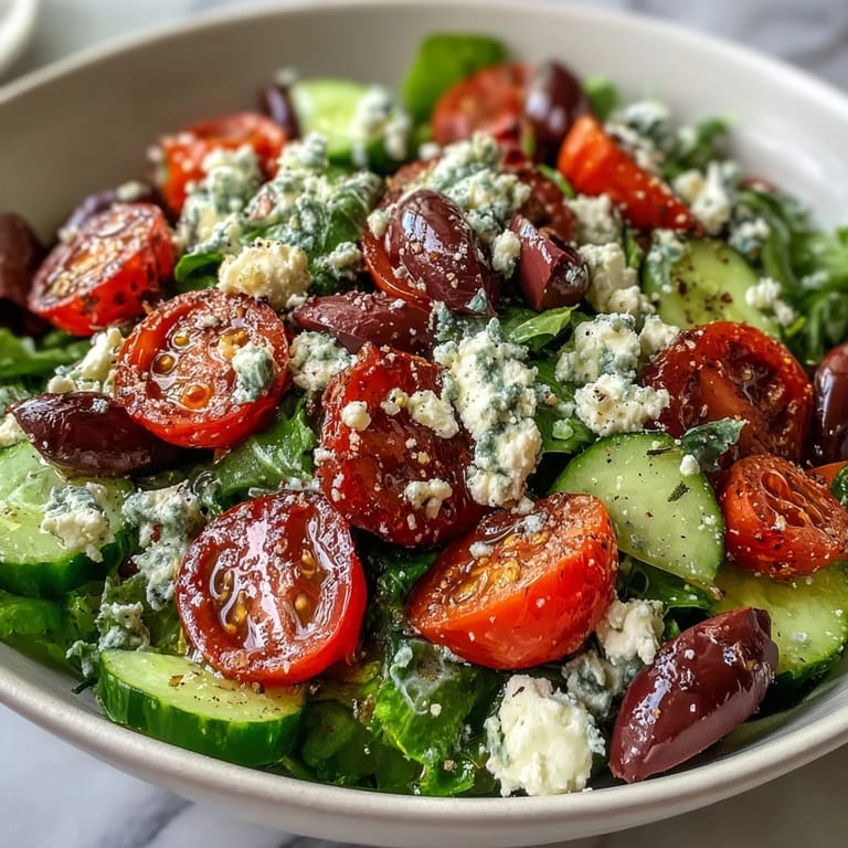 Freshly tossed Mediterranean green salad bowl served as a light lunch, topped with crumbled feta and sliced cucumber.