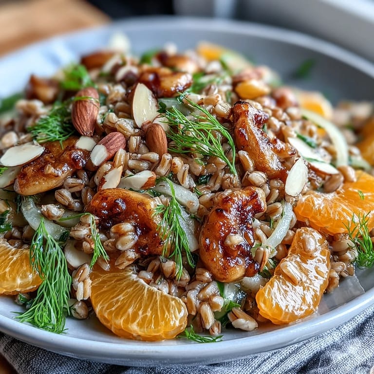 This Mediterranean Farro Salad Bowl with Fennel, Oranges & Almonds combines nutty farro, crisp fennel slices, sweet orange segments, and golden toasted almonds with leafy greens, ready to serve as a refreshing vegetarian main dish.