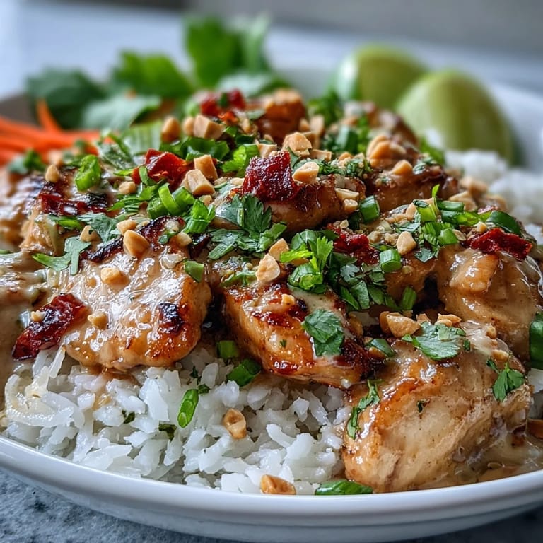 A close-up of a Thai Peanut Chicken Bowl featuring saucy chicken and crisp cucumbers.