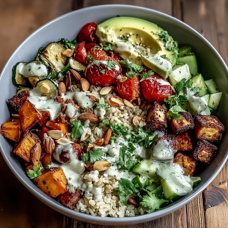 Golden-baked tofu sits atop fluffy quinoa with fresh cucumber, shredded carrots, and crunchy pumpkin seeds in this nourishing bowl.  