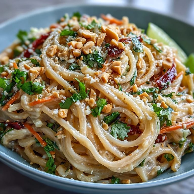 Serving of Asian Peanut Noodle Bowl garnished with chopped peanuts and sesame seeds on a rustic plate.