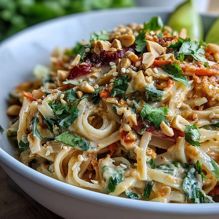 Freshly tossed Asian Peanut Noodle Bowl with rice noodles, bell pepper, bean sprouts, and lime wedges.