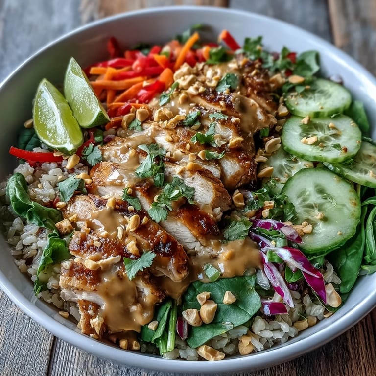 A wholesome Peanut Chicken Power Bowl served with lime wedges and sliced grilled chicken, showcasing fresh spinach and shredded vegetables for a healthy, protein-packed lunch.