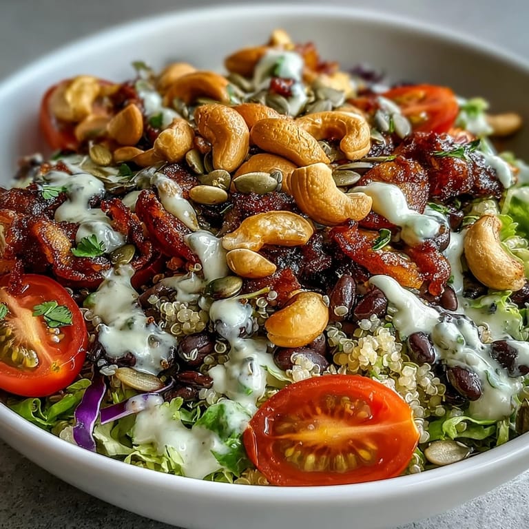 Overhead view of a Rainbow Salad Bowl featuring chickpeas, black beans, and crunchy cashews tossed with dressing.