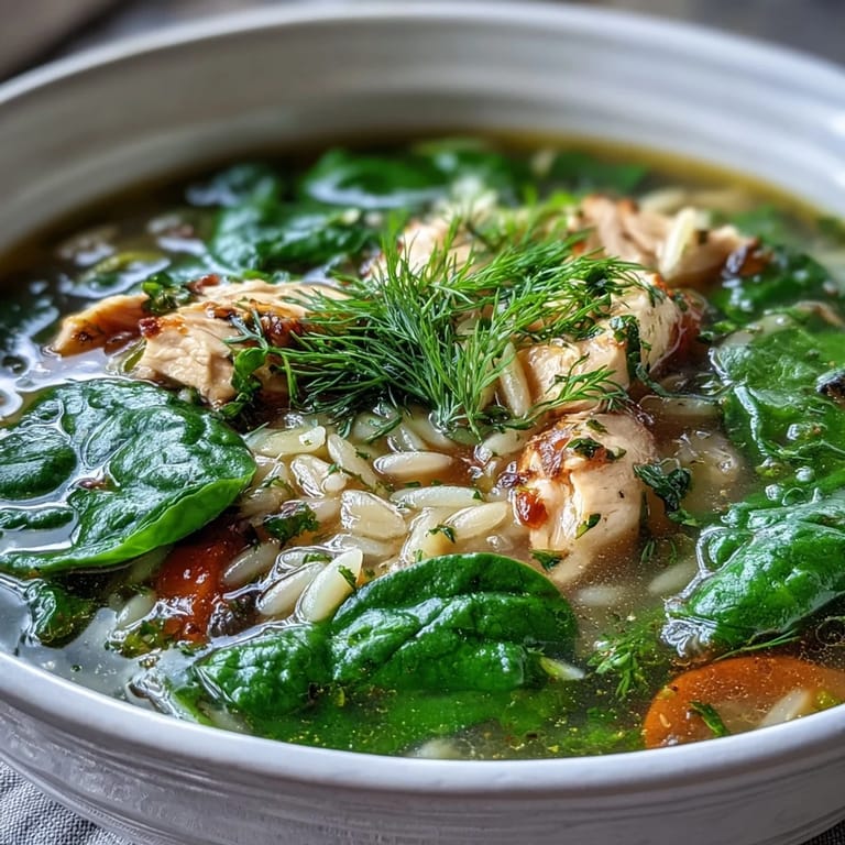 Comforting lemon chicken orzo soup filled with juicy chicken, baby spinach, and delicate orzo, topped with fresh herbs and lemon wedges.