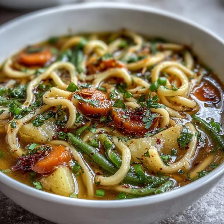 Hearty vegetable noodle soup with fresh greens, potatoes, and aromatic herbs, served steaming hot in a rustic bowl.