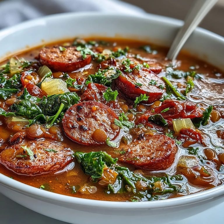 Close-up of spicy sausage and lentil soup with kale, showcasing vibrant vegetables and rich, savory broth.