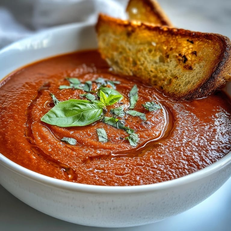 Velvety tomato soup infused with fresh basil, paired with crispy grilled sourdough slices—a comforting vegetarian meal.