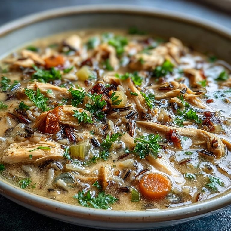 Chunky chicken and wild rice soup loaded with sliced carrots, celery, and onion in a rich, herb-infused broth.