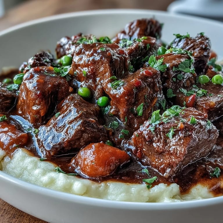 Rich and savory Irish beef stew with carrots, celery, and peas, ladled over a fluffy mound of buttery cauliflower mash in a rustic white bowl.