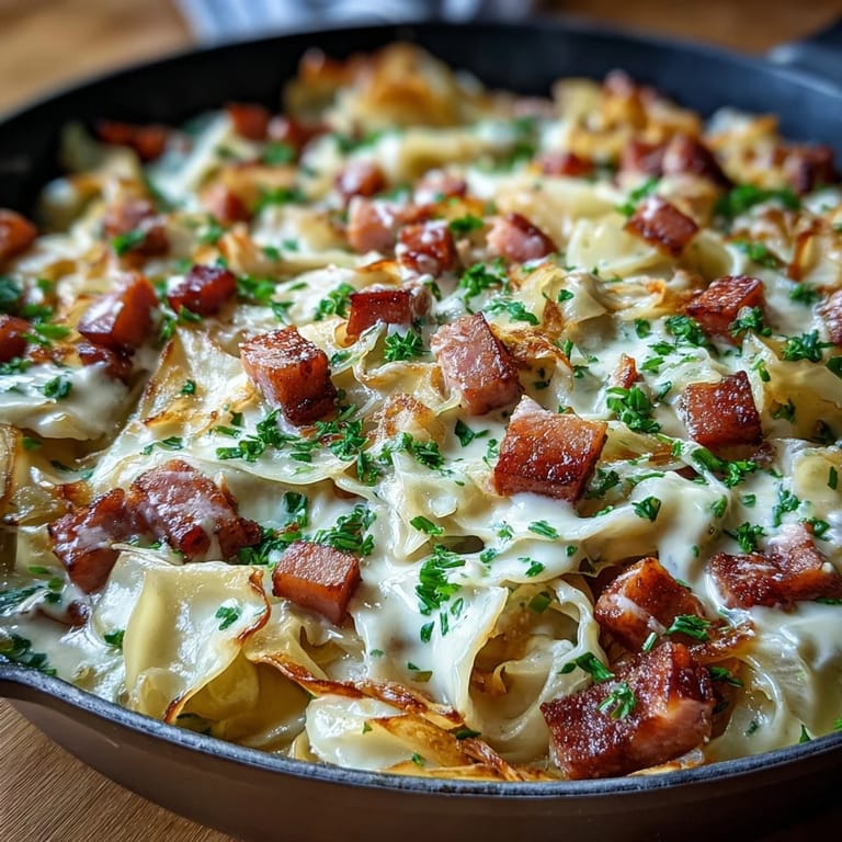 A hearty one-pan meal featuring sautéed cabbage, diced ham, and a creamy cheese sauce.