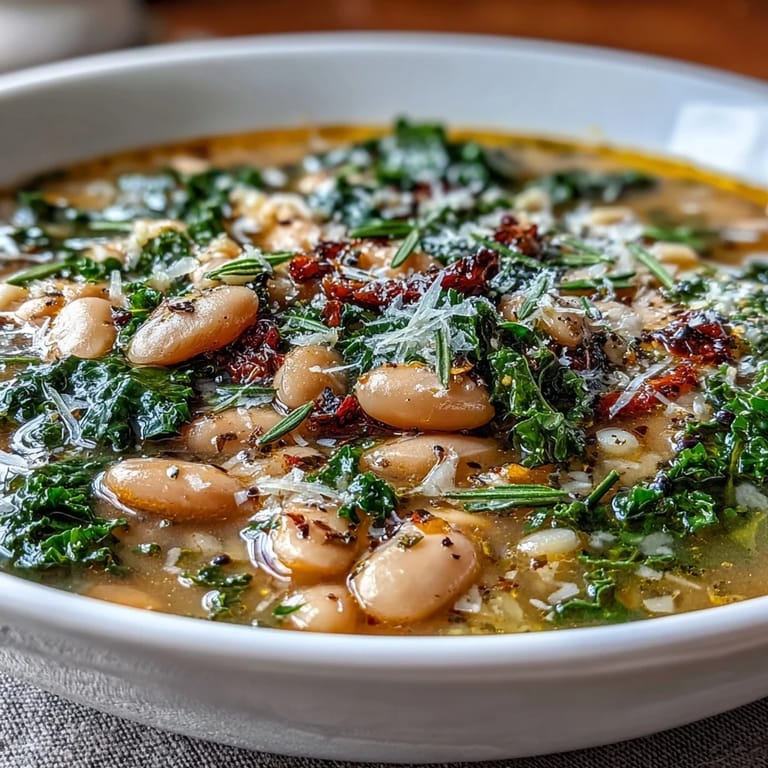A comforting bowl of Tuscan white bean soup with kale, topped with Parmesan and a hint of lemon zest.