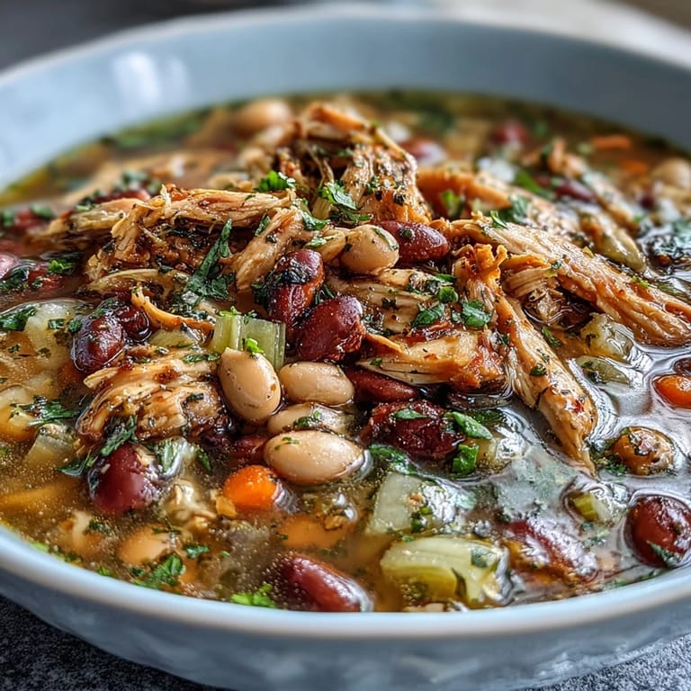 Slow-cooked 15-bean soup featuring smoky turkey, carrots, and celery, delivering rich flavors in every spoonful.  