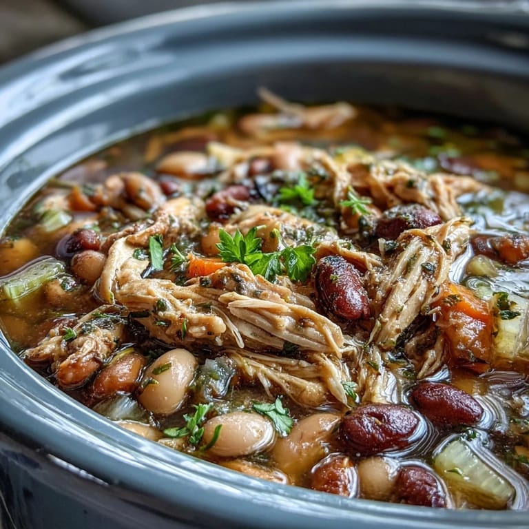 Comforting 15-bean crockpot soup with shredded smoked turkey, served hot and ready for a satisfying meal.
