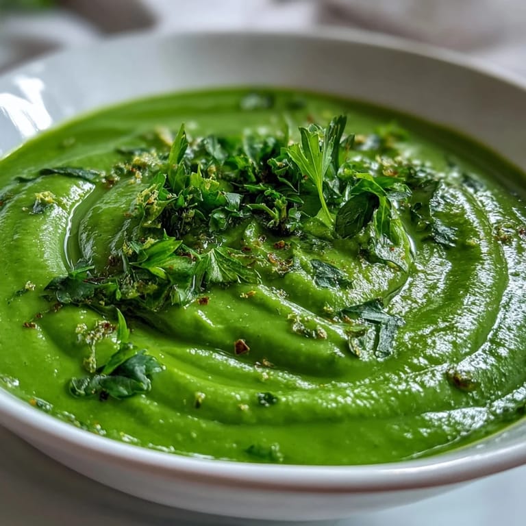 Creamy vegetable soup made with zucchini, broccoli, peas, and spinach, garnished with parsley and a hint of lemon.