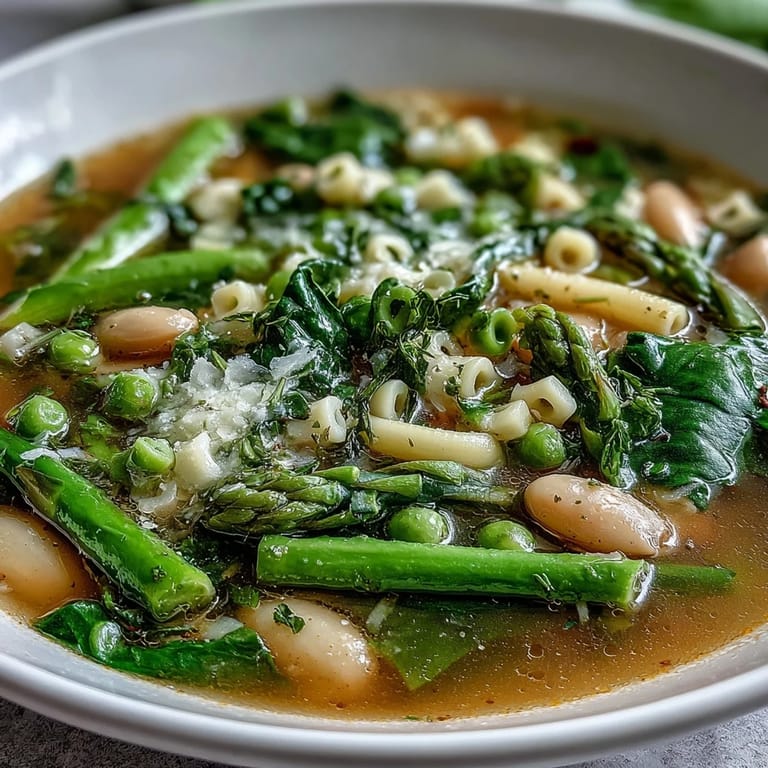 Hearty Spring Minestrone featuring vibrant asparagus, peas, and white beans, garnished with parsley and a drizzle of olive oil for a nourishing meal.
