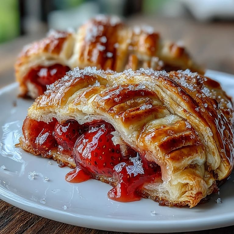 Rustic, hand-held strawberry pies with a golden lattice crust, ideal for picnics or sweet snacking on the go.