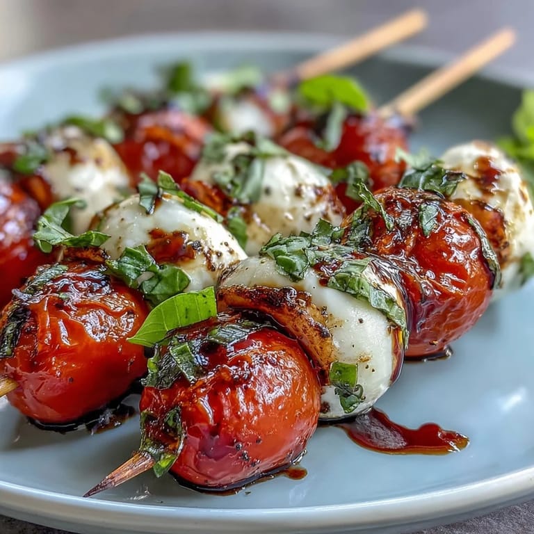 Colorful Picnic Caprese Skewers with Balsamic Drizzle arranged on a platter, showcasing fresh mozzarella, ripe tomatoes, and fragrant basil for outdoor dining.  