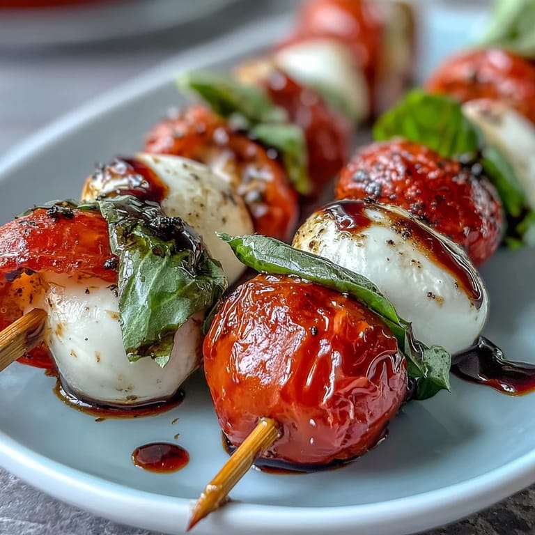 Easy Picnic Caprese Skewers with Balsamic Drizzle ready for serving, with juicy tomatoes, creamy cheese, and aromatic basil drizzled in rich reduction.