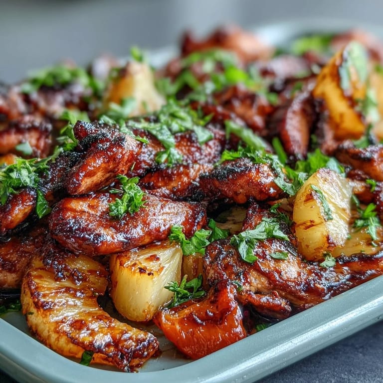 Tender chicken, sweet pineapple, and crisp bell peppers baked together on one pan, creating a flavorful and easy fajita dinner with minimal cleanup.  