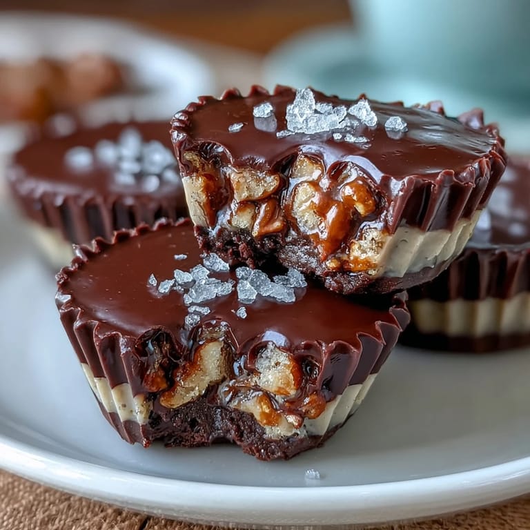 Homemade peanut butter cups featuring a crunchy pretzel crust, smooth peanut butter center, and glossy chocolate coating.  